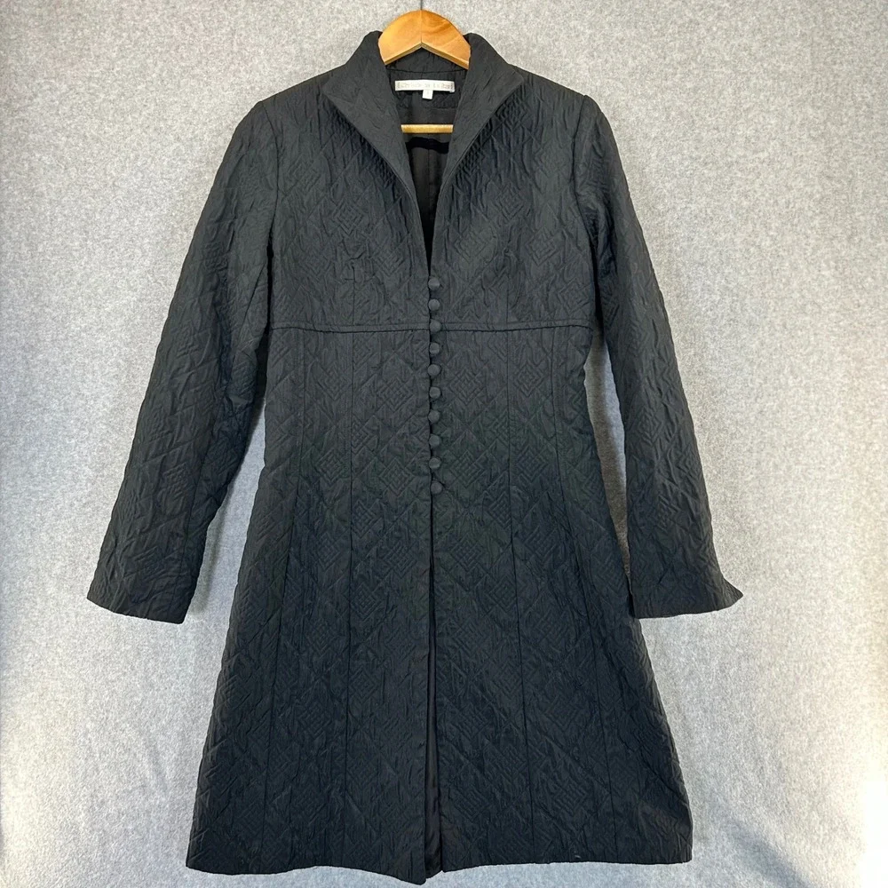 Christie‎ de la Rue Black Quilted Button Front Midi Coat Womens Size 2